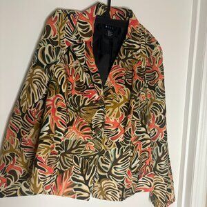 R.Q.T. Women's XL 100% Cotton Button Front Jacket Orange Brown Multi Leaves